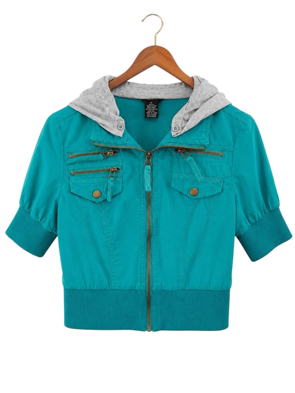 Y2K Cropped Utility Hoodie Jacket Teal Zip Front Short Sleeve Size S